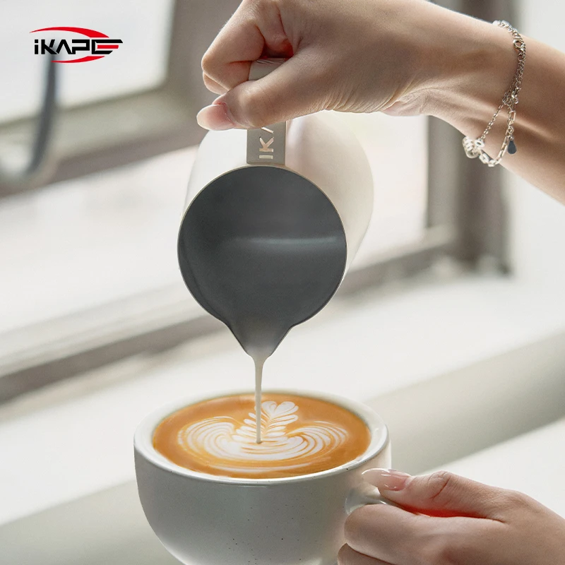 IKAPE 450ml Espresso Milk Pitcher for Latte Art with Hollow Handle, Milk Frother Pitcher/Pot with Measuring Scale/Grade