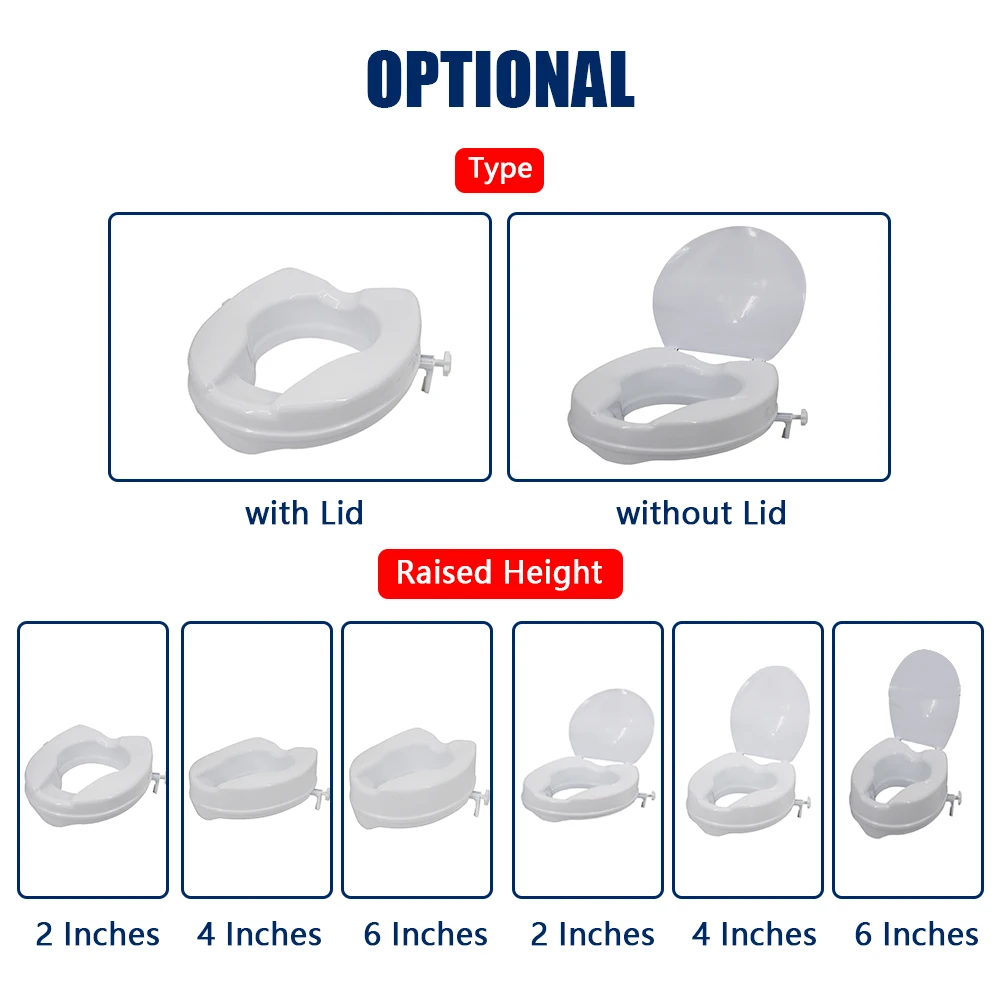 Raised Toilet Seat with Lid 2-6 inches 300 Lbs Heavy Duty Elevated Tightening Clamps