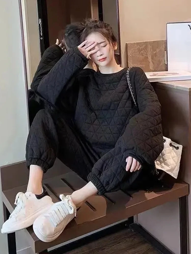Thicken Warm Quilted Sweatshirt O- Neck 2 Piece Set Casual Thick Pullover Top Conjunto Baggy Wide Leg Ankle-length Jogger Outfit