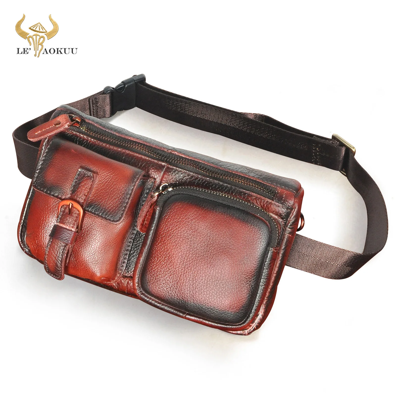 

Hot Sale Quality Leather Travel Retro Fanny Waist Belt Bag Chest Pack Sling Bag Design Phone Cigarette Case For men Male 811-10