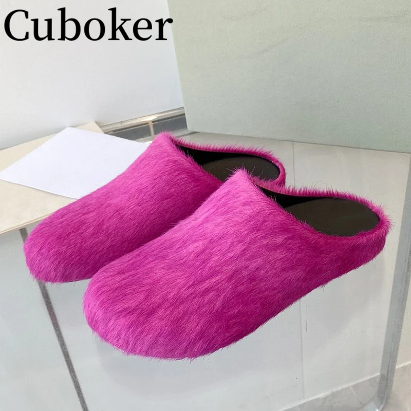 

Hot Sale Horse Hair Rose Red Luxury Hairy Ladies Mules Causal Home Slippers Woman's flat Mules Men's slippers Brand Fur Slides