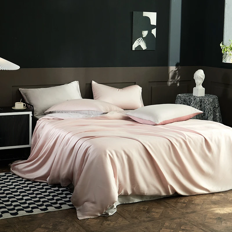 

100% Eucalyptus Lyocell Soft Silky Summer Cool Bedding Set Pink Grey Patchwork Single Double Duvet Cover Flat Sheet Pillowcases