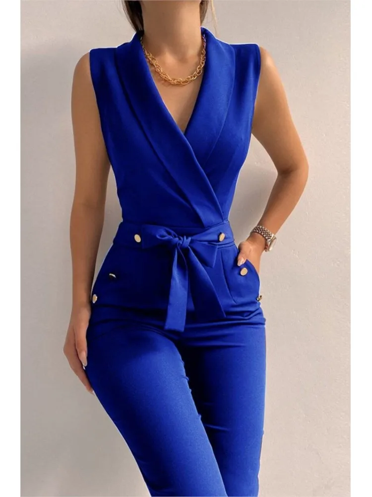 

Women's Jumpsuit 2023 New Fashion Solid Color V-Neck Sleeveless Slim Lace-Up Jumpsuit Free Shipping
