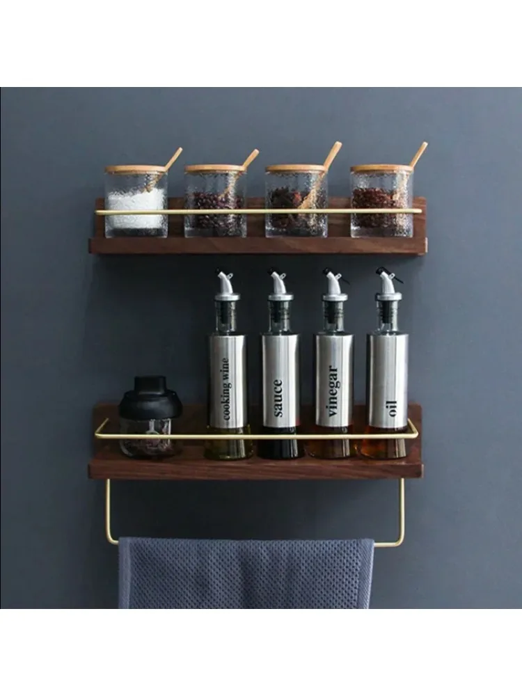 Kitchen Spice Bottle Storage Wooden Rack Multifunctional Wall Hanging Rack Kitchen Solid Brass Hook Bathroom Storage Towel