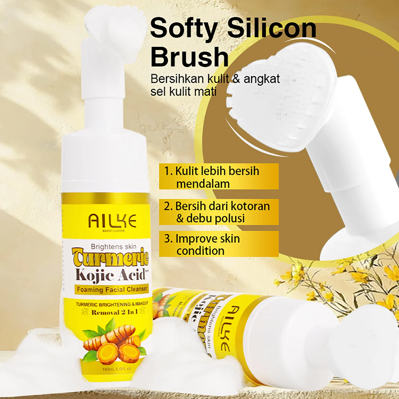 AILKE Turmeric Foaming Face Cleanser, Brightening, Oil Control, Remove Makeup Residue and Acne, for All Skin Types, 160 ml