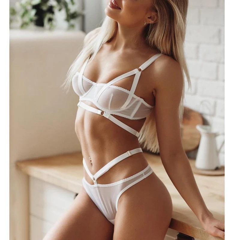 Conjunto ropa interior transparente de malla Sexy para mujer, ropa interior transparente de Color sólido y cintura baja, | - AliExpress