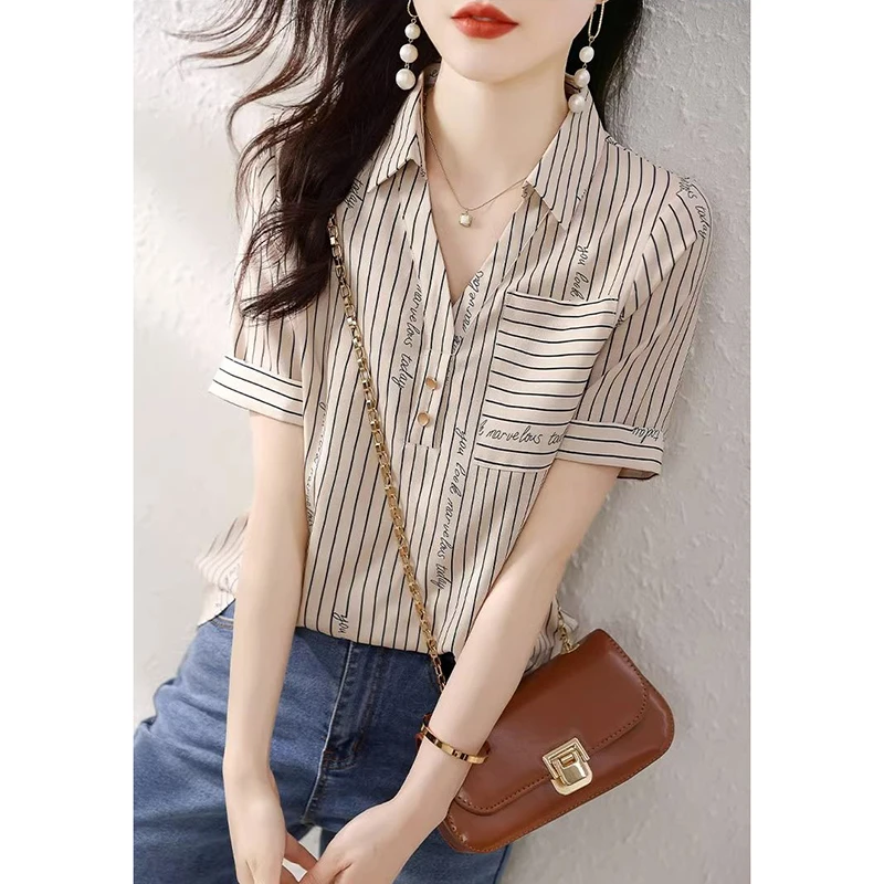 Fashion Lapel Pockets Printed Letter Striped Chiffon Blouses Women Clothing 2024 Summer Loose All-match Tops Office Lady Shirts