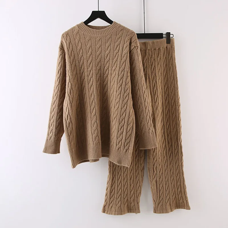 

Lazy Warm Sweater High Quality Twists Knitting Sweater Suit Women Autumn Winter Soft Waxy Wide Leg Pants Fashion Two-piece Set