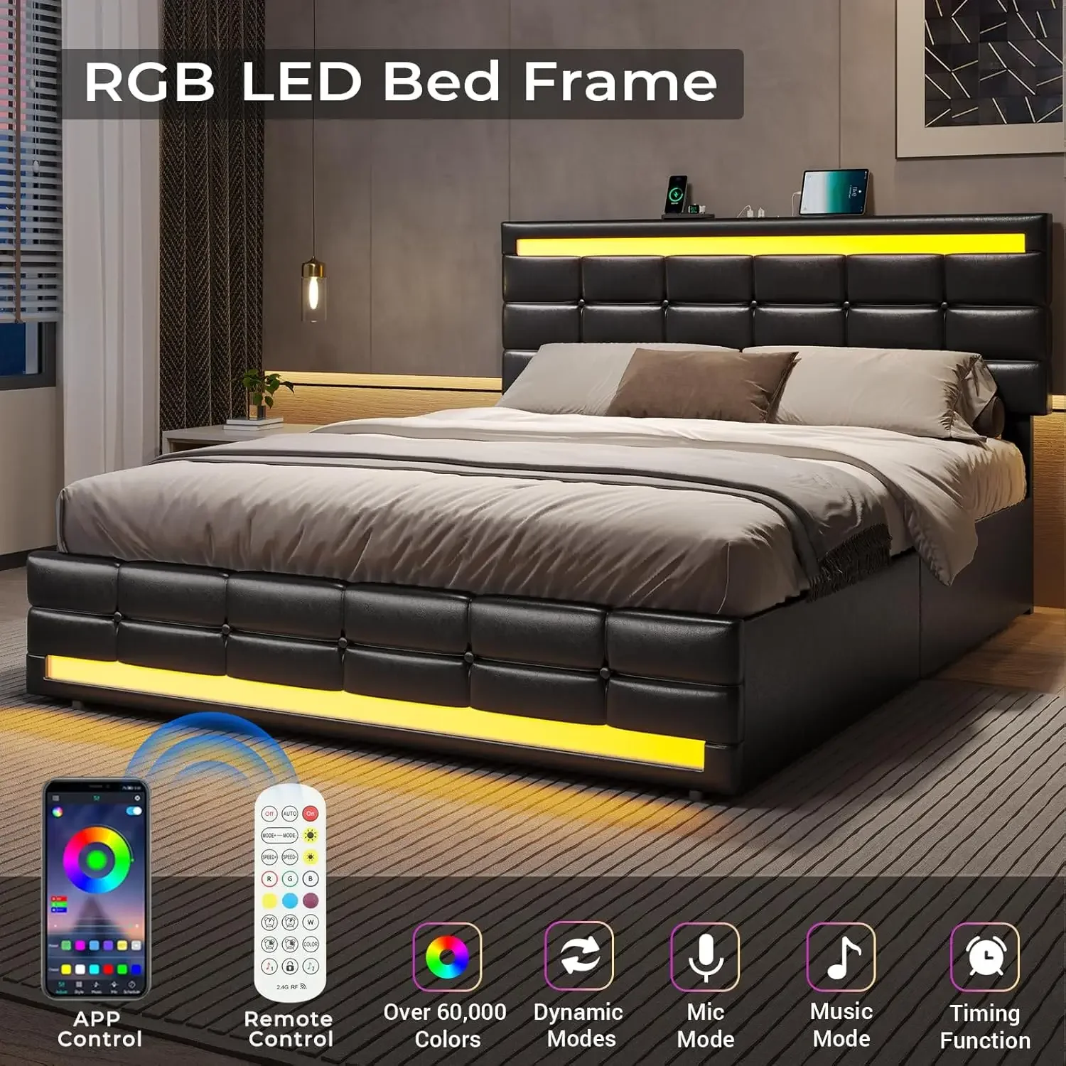 Queen Bed Frame with LED Lights Leather Platform Bed with Storage Drawers and Charging Station, LED Bed Frame Queen Size 3