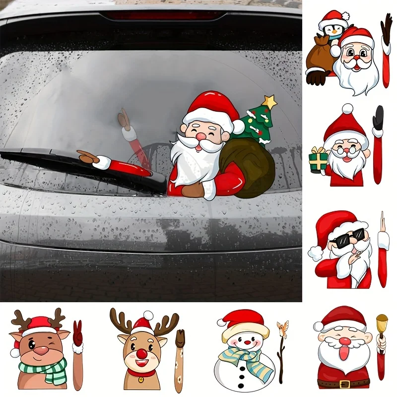 

Merry Christmas Rear Windshield Wiper Car Stickers Cute Cartoon Santa Claus Reindeer Snowman Waving Arm Auto Creative Decoration