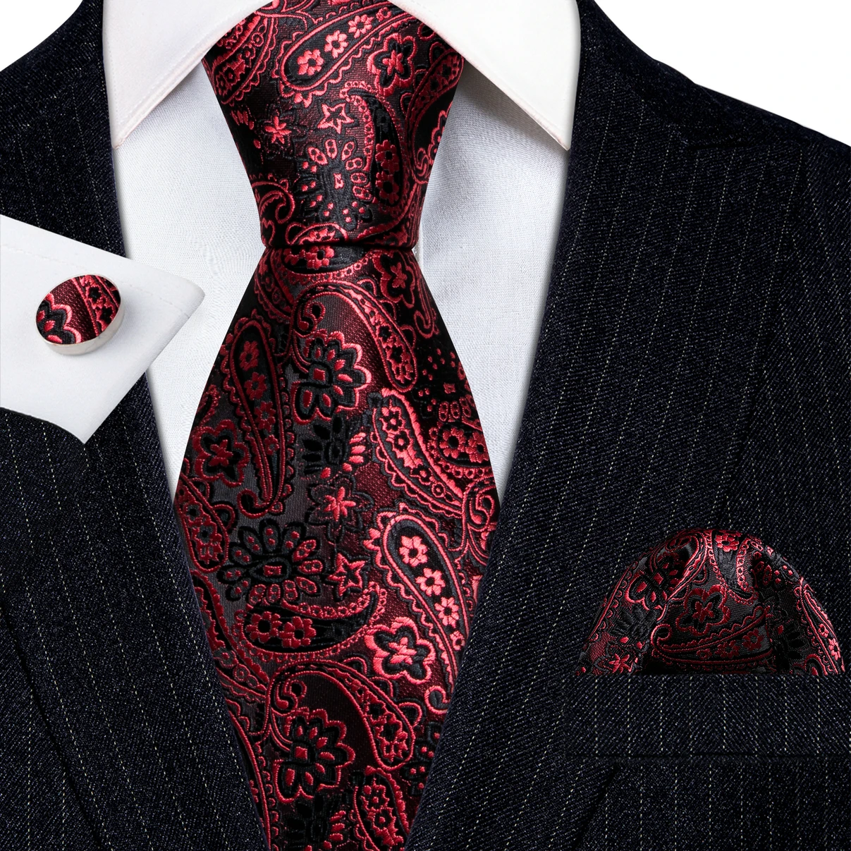 

Designer Silk Men Tie Set Red Black Paisley Floral Striped Plaid Necktie Pocket Square Cufflinks Set Wedding Barry·Wang 6157