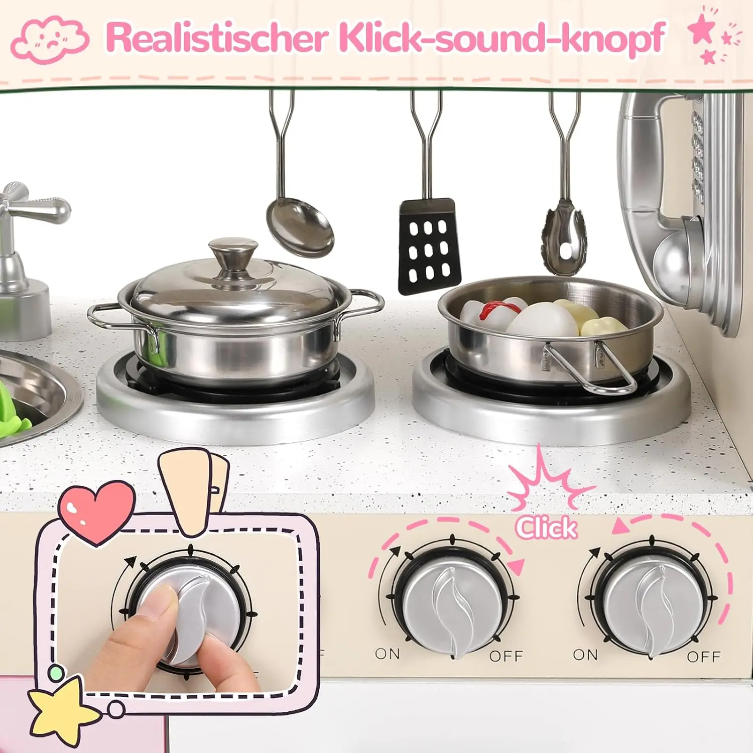 Wooden Play Kitchen Set Pretend Play Kitchen with Lights and Sounds for Kids Ages 3+, Includes Stove Oven Microwave Coffee Maker 4