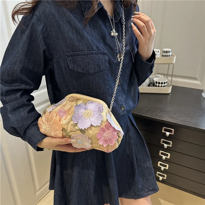 Borsa da sera per donna Borse con design a catena con paillettes Elegante pochette per banchetti Borsa in lino floreale Borse da polso da donna Portafoglio da donna - immagine 2