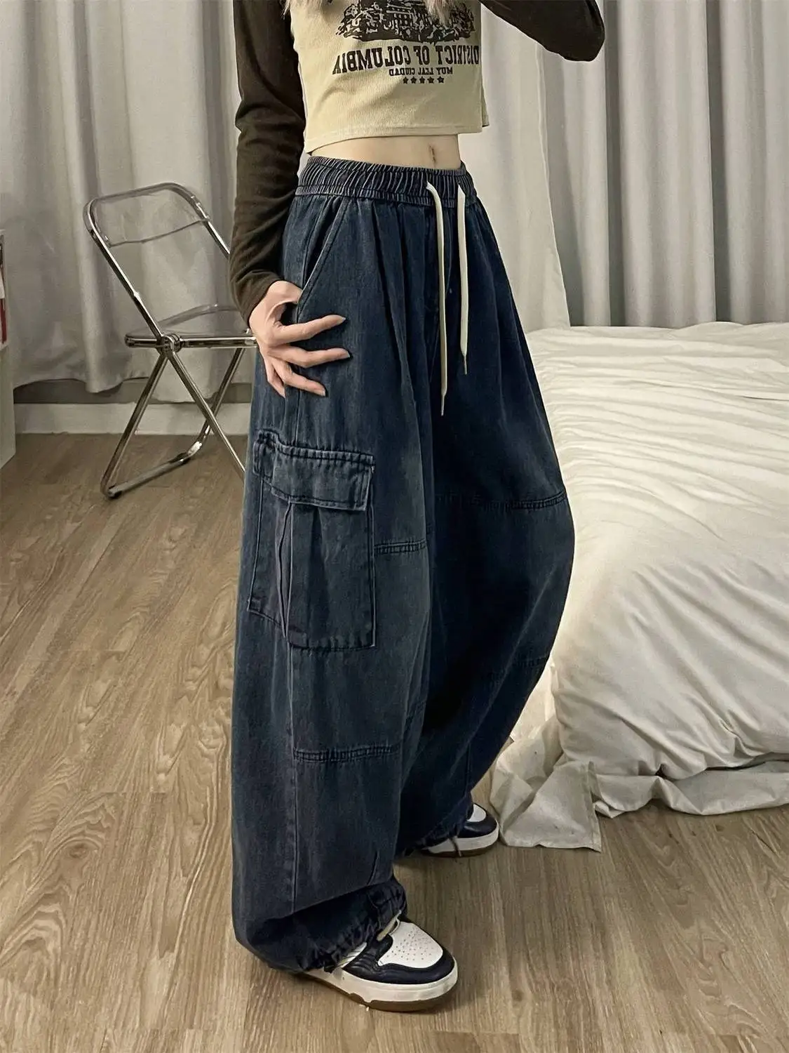 Spring Women Vintage Baggy Jeans Elastic Waist Oversized American