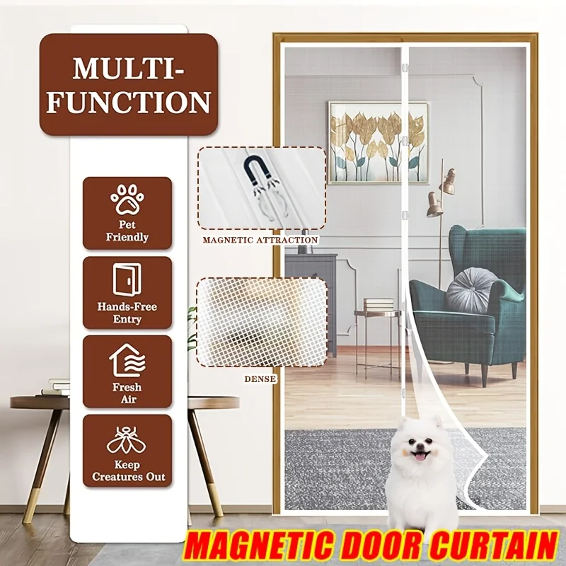 Magnetic Mesh Screen Door Curtain-Summer Mosquito and Insect Proof, Easy Install No-Drill Design for Living Room, Kitchen
