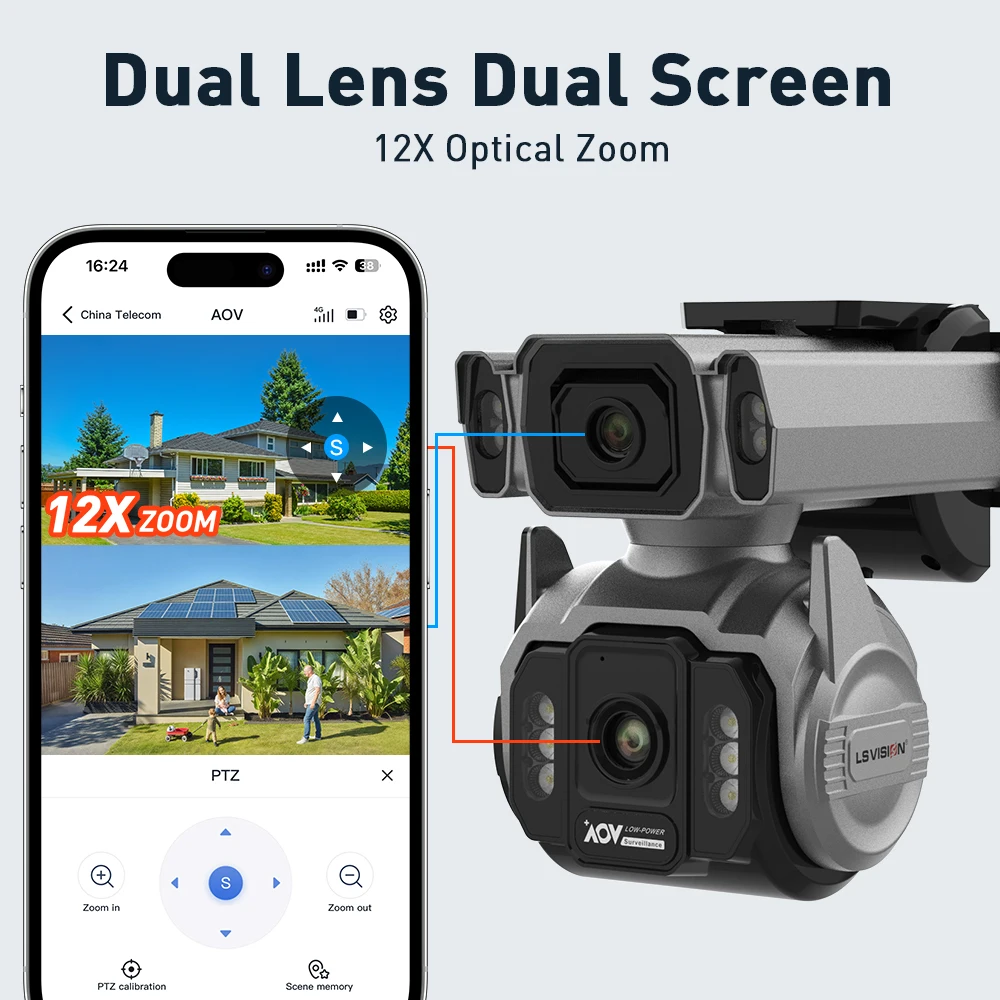 10MP AOV 4G Solar Camera 12X Optical Zoom Dual Screens 7/24 Recording Outdoor Su