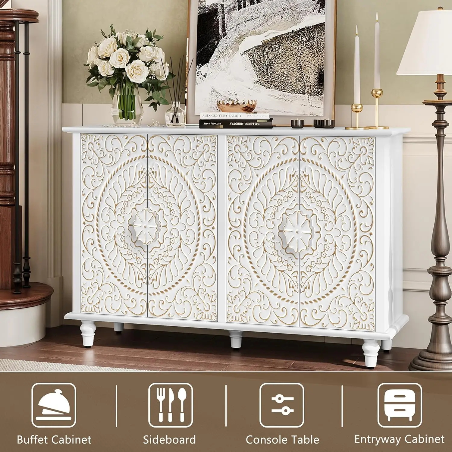 ARTPOWER Decorative Sideboard Buffet Cabinet with 4 Doors, White Accent Storage Cabinet with Carved Flower Pattern