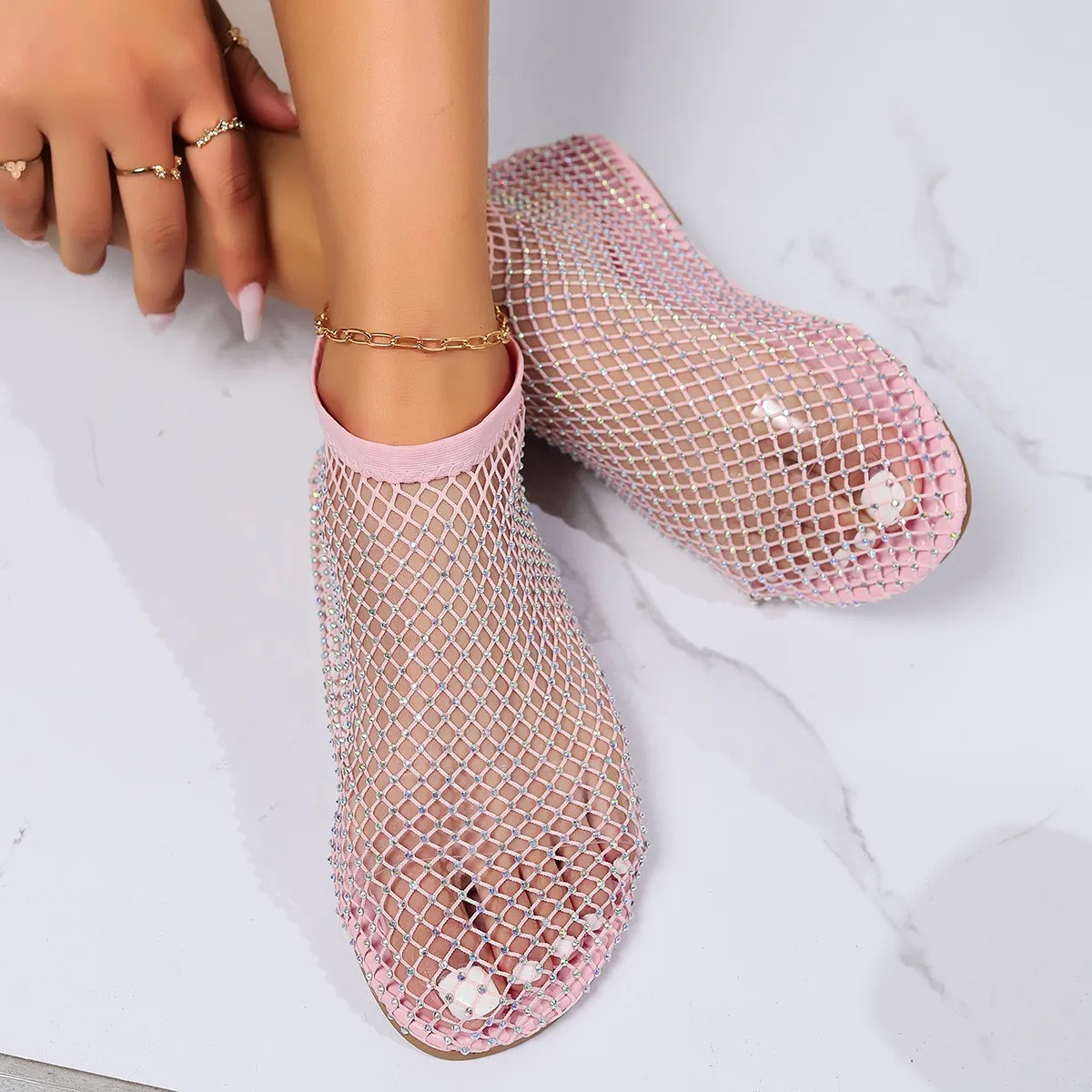 Women's Luxury Brand Round Toe Flat Bottom Pink Sandals Hollow Short Boots Water Diamond Sexy Flat Bottom Shoes Zapatos De Mujer