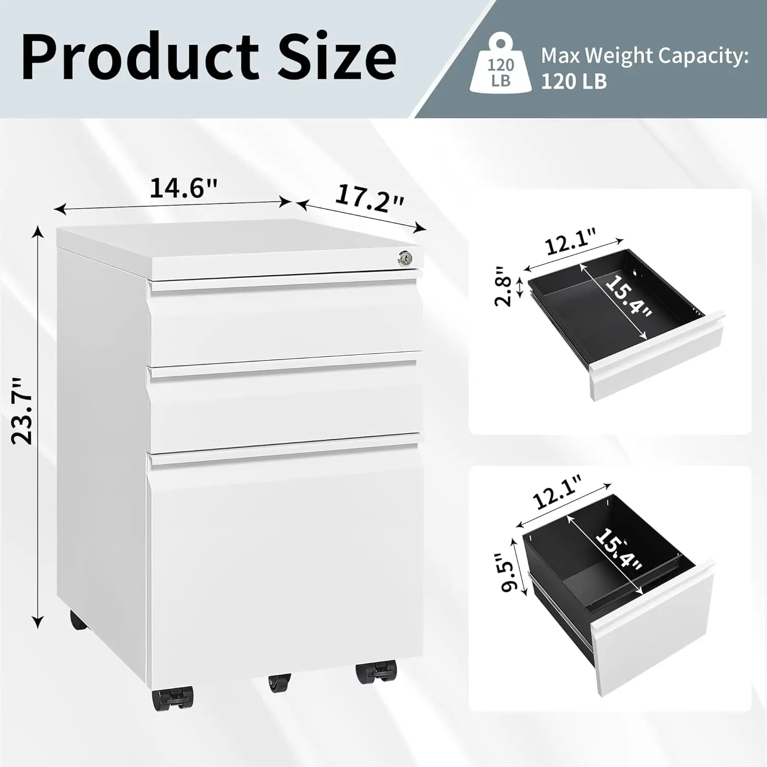 Mobile File Cabinet for Home Office, Lockable 3 Drawer Filing Cabinet with Wheels  Fully Assembled Except Casters, White