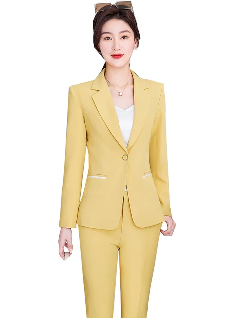 Women Pink Yellow Blue Black Pant Suit Female Solid Formal Blazer