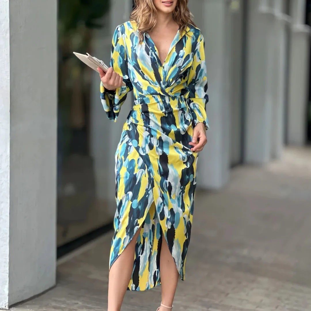 

Women's Irregular Midi Shirt Dresses Temperament Autumn Commuter Long Sleeve Print Shirt Bodycon Casual Pleated Elegant Vestidos