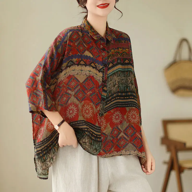 

Женская однобортная блузка из рами, с отложным воротником и коротким рукавом