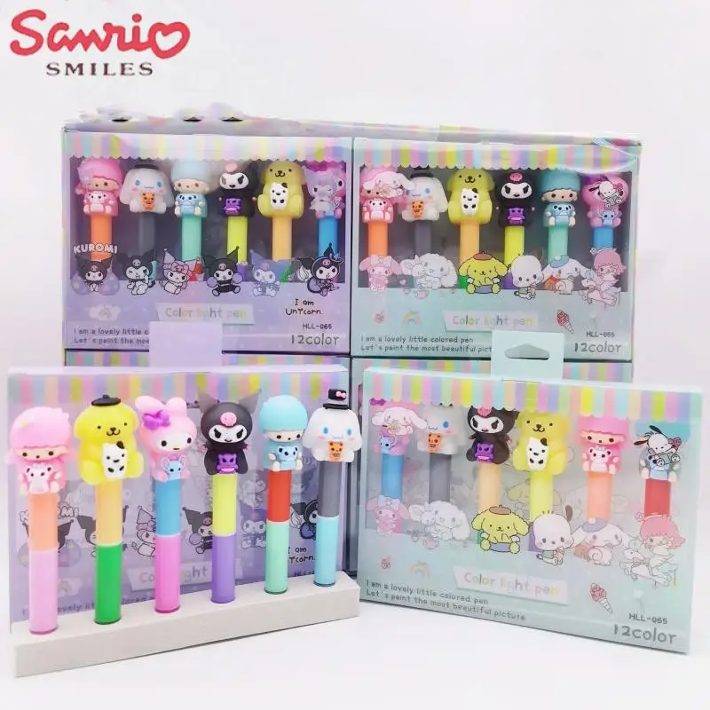 

6 шт. Sanrio цветная ручка Kawaii Mymelody Kuromi Cinnamoroll мультфильм 12 цветов двухсекционная флуоресцентная ручка для студентов цветной маркер