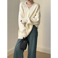 Lace Trim Warm Sweater for Women V Neck Long Sleeve Winter Loose Soft Top Knit Sweater - Image 3