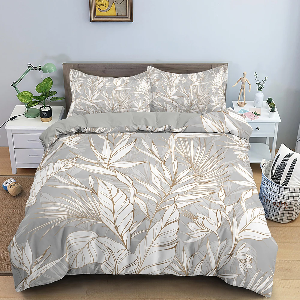 Set Copripiumino Super King Size 260x220 Cotone Biologico 200 Fili – Foglie Tropicali Blu Chiaro Con 2 Federe