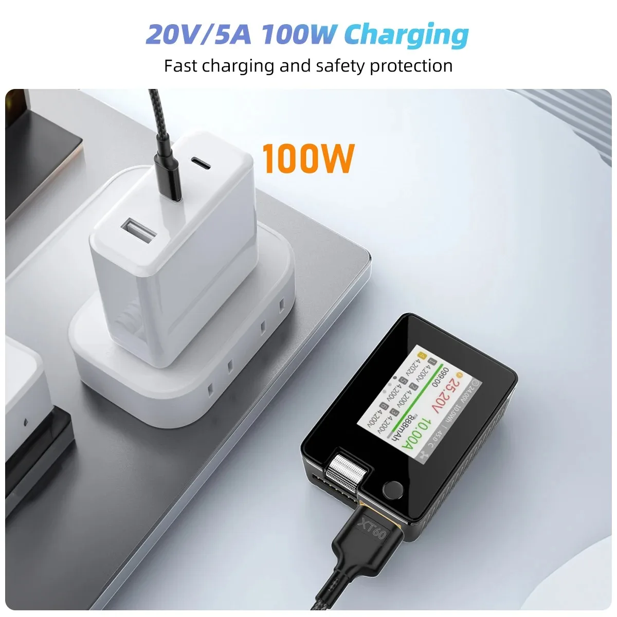Câble chargeur USB-C vers XT60 pour drone, vue d'ensemble avec étiquettes