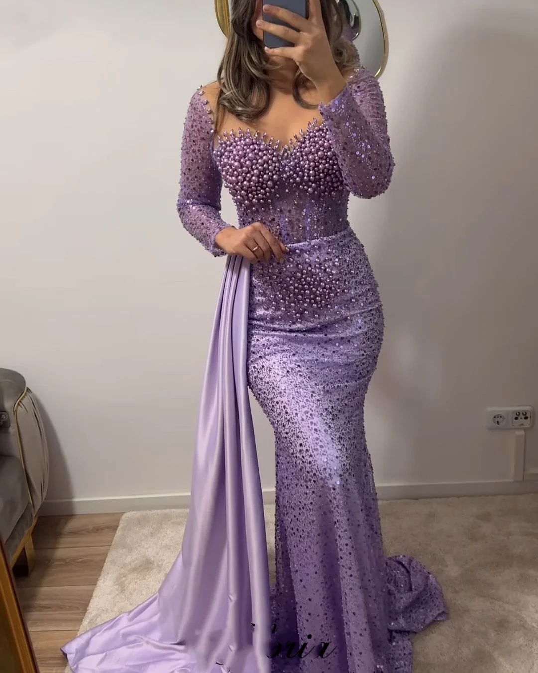 

Vintage Purple Prom Dresses Mermaid Long Sleeves Pearls Evening Dresses Vestidos De Noche Wedding Party Dresses For Women 2024