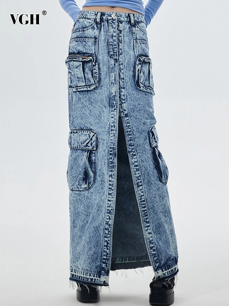 

VGH Solid Patchwork Pockets Casual Denim Skirts For Women High Waist Spliced Zipper Streetwear Loose Split Skirt Female Fashion
