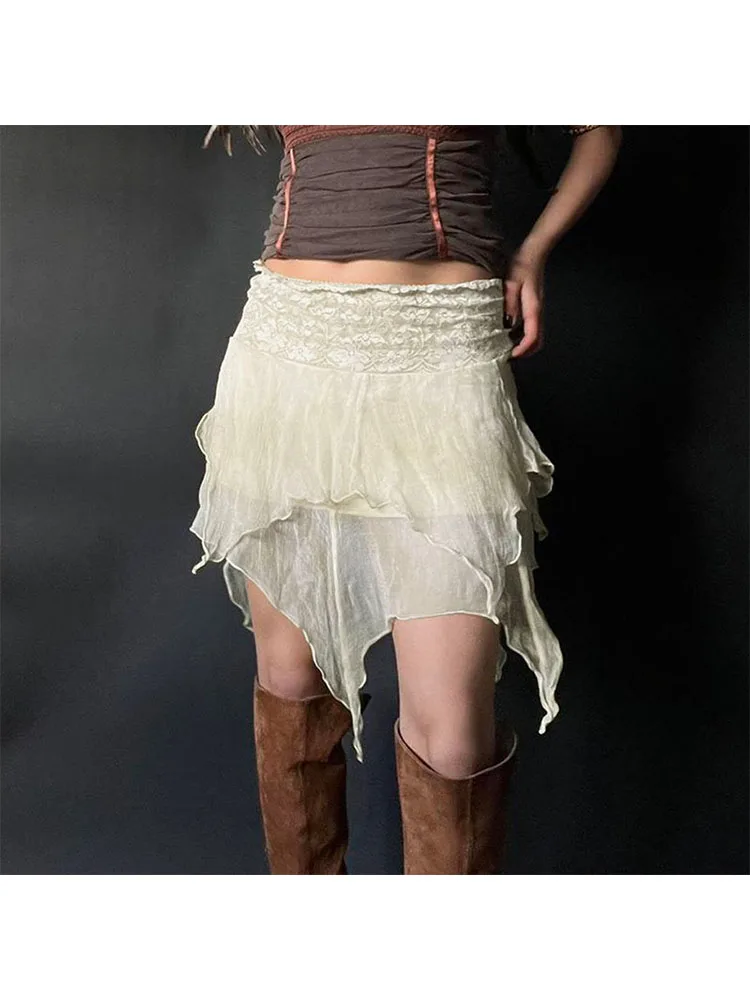 

Woman Gauze Mini Elastic Waist Skirt Asymmetrical Pleated Simple Skirt Daily A-line Elegant Skirt Preppy Style Korean All-match