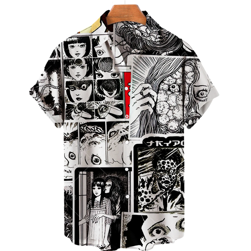 

Men Hawaiian Plus Size Shirt Japan Horror Manga 3D Printed Casual Beach Short Sleeve Y2k Tops Floral Blouse Modis Streetwear 5XL