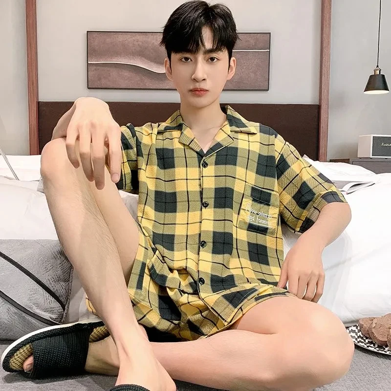 Summer Men Sleepwear Striped Cotton Pajamas Sets for Men Short Sleeve Pyjama Male Homewear Loungewear Lounge Wear Clothes