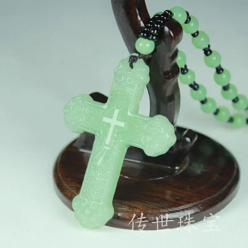 Chinese Natural Green Jade Cross Pendant Necklace