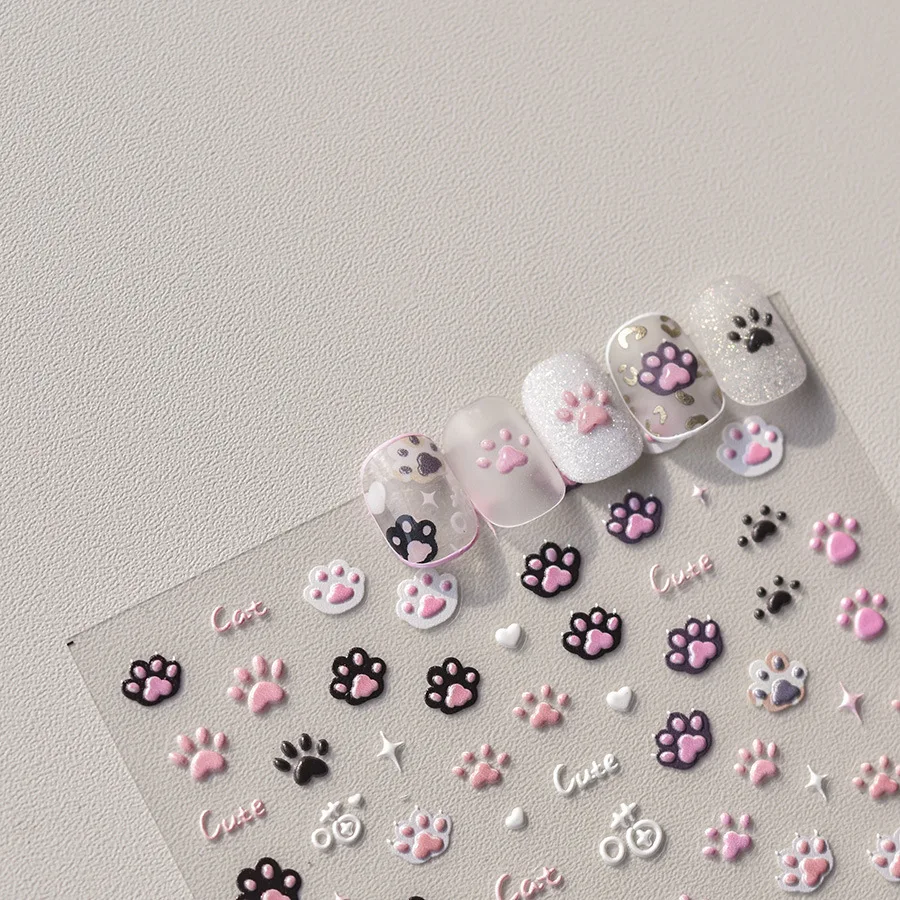 Cat Paw 5D Embossed Pink Jelly Nail Art Stickers – Cute Cartoon Self-Adhesive Decals