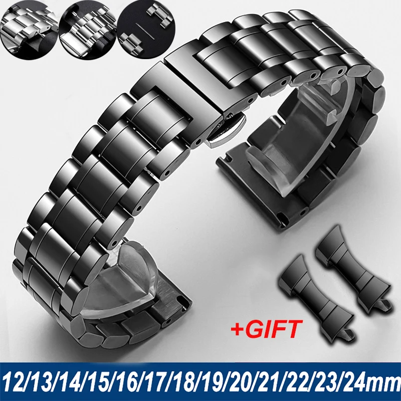 Curved End Universal Stainless Steel Watch Strap with Butterfly Clasp