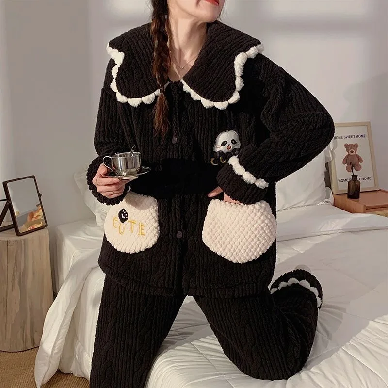 Panda Nightclothes Suit Women Autumn Winter Coral Fleece Thermal Pajamas Female Flannel Fleece-Lined Thickened Cartoon Homewear