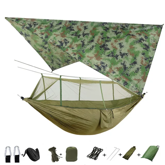 Lightweight Portable Camping Hammock and Tent Awning Rain Fly Tarp Waterproof Mosquito Net Hammock Canopy 210T Nylon Hammocks camouflage and green