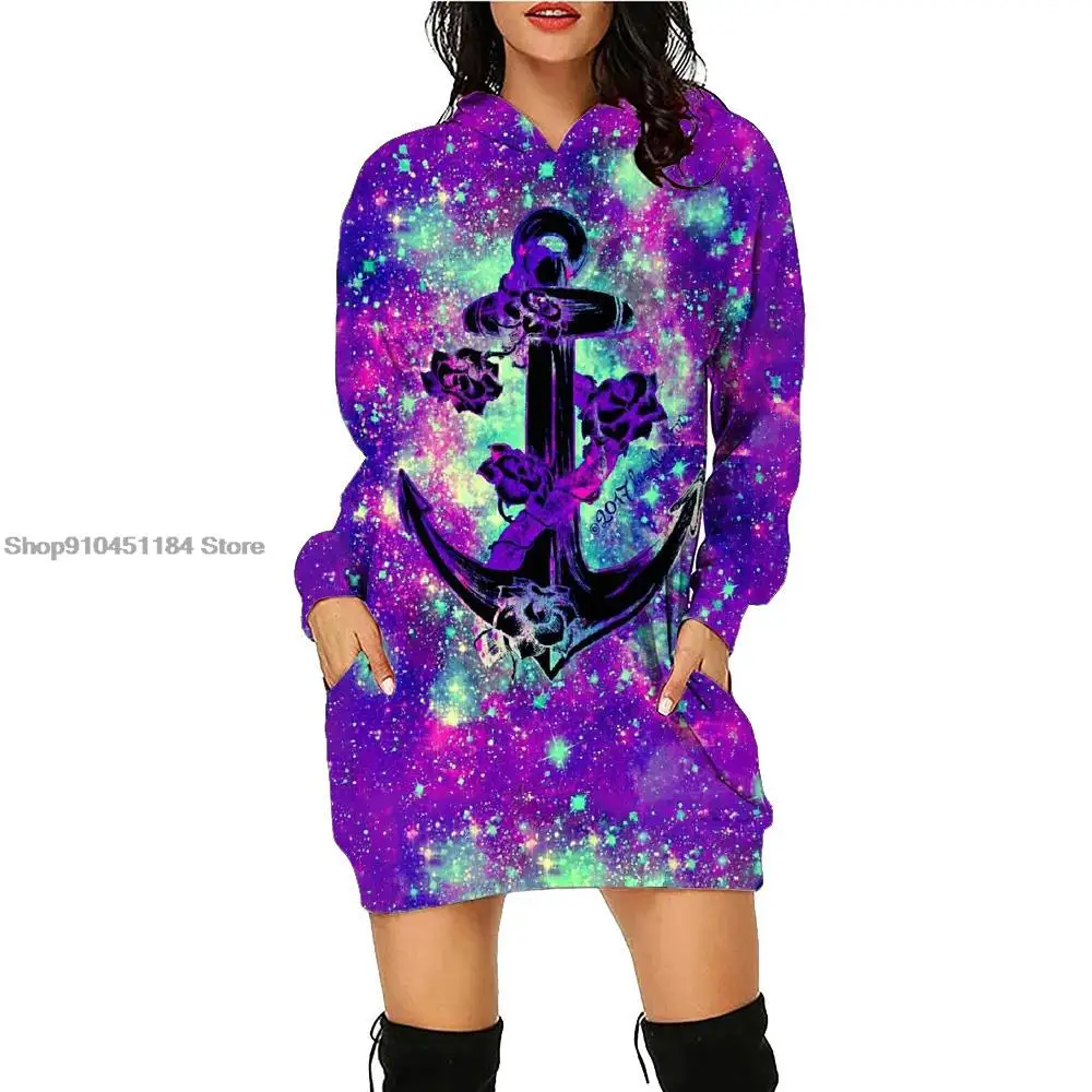Anchor print for women Hoodie Dress Daily Workout Hoodies Long Sleeve Pullover Autumn Winter Loose Bandage Hoodies Robes