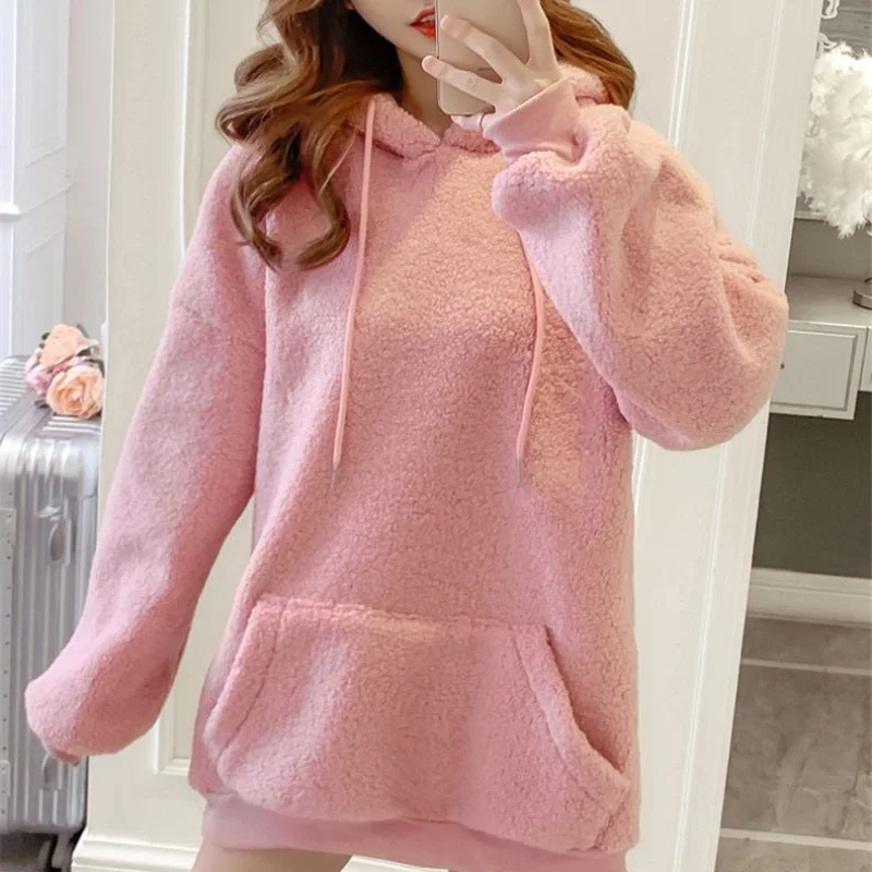 Lamb Wool Solid Sweatshirts Women's 2023 Autumn/Winter Korean Edition Loose and Thickened Hooded Mid Length Top Coat Trend