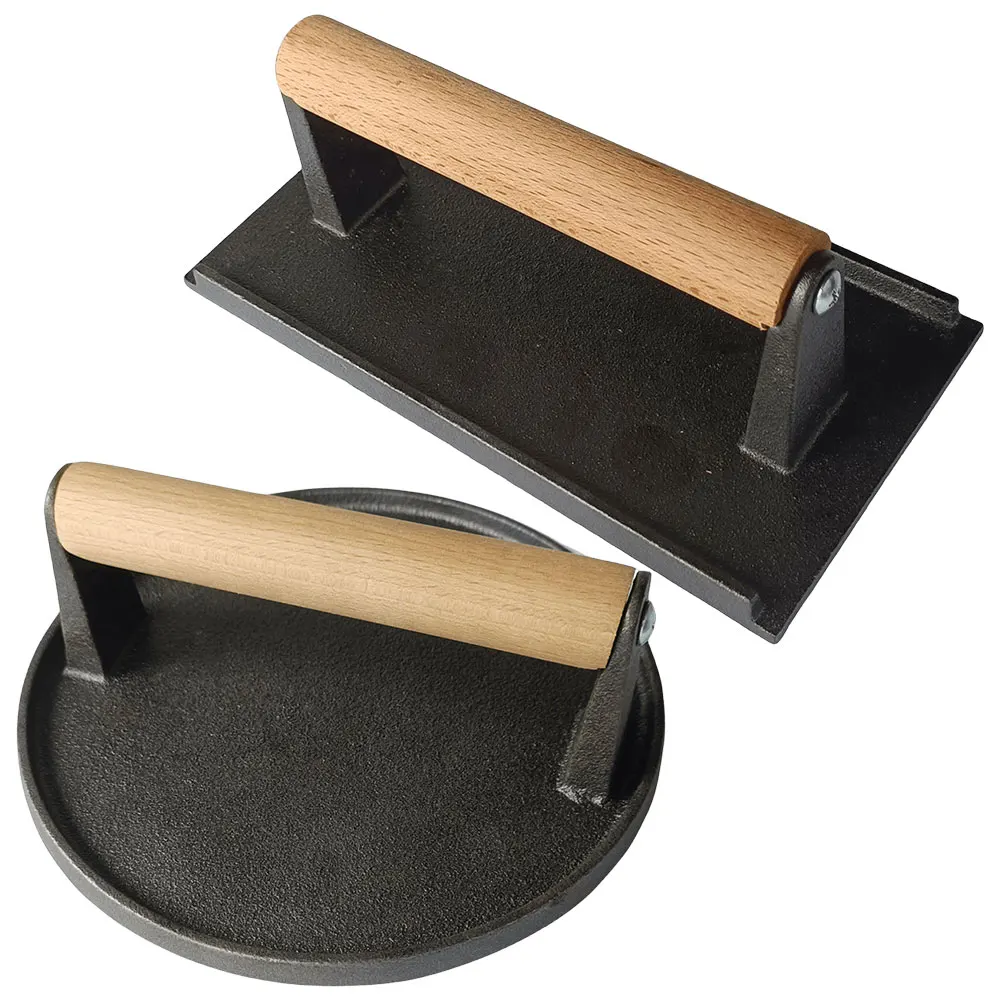 Cast Iron Burger Smasher Multifunctional Round Hamburger Press with Wood Handle Thickened for BBQ Steaks Sandwiches Meats burger press burger maker