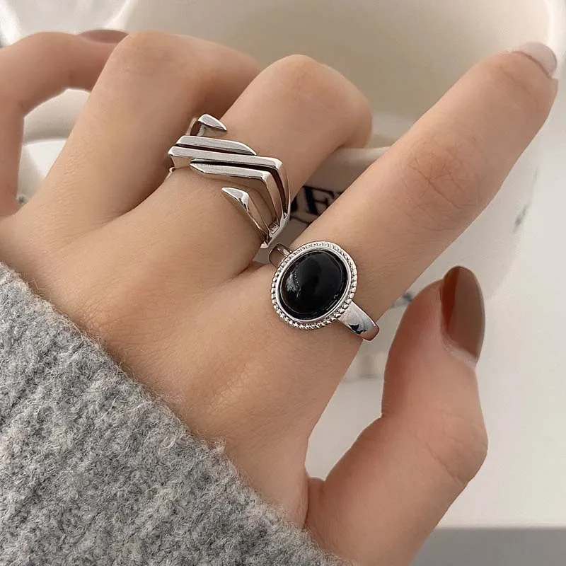 Silver Black Ring For Girl Fashion Silver Color Black Stone Rings