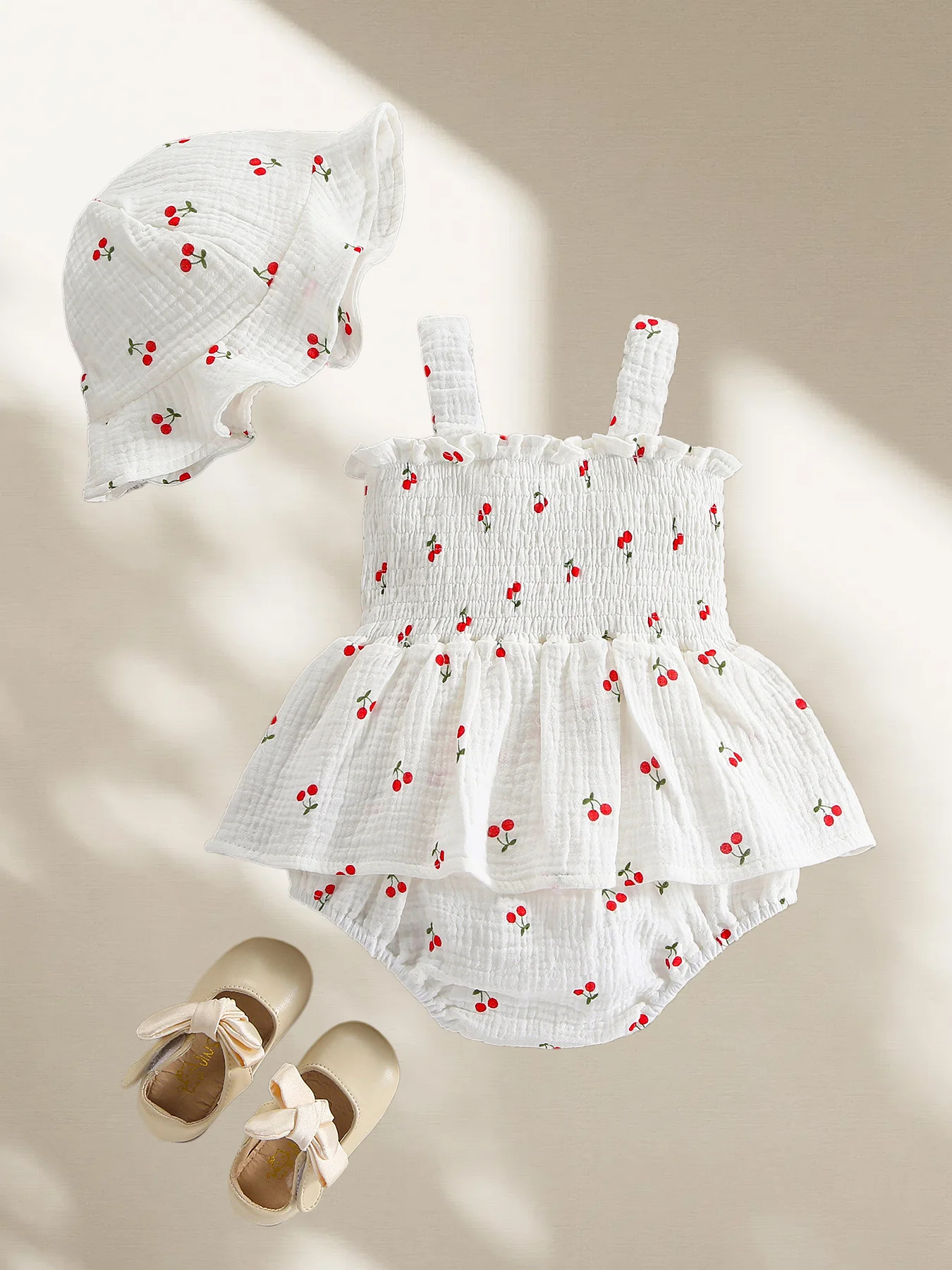 2026 Summer 0-2T Baby Clothes Sweet Cherry Floral Print Girls Bodysuit Matching Sun Hat Ruffled collar Toddler One-piece 2