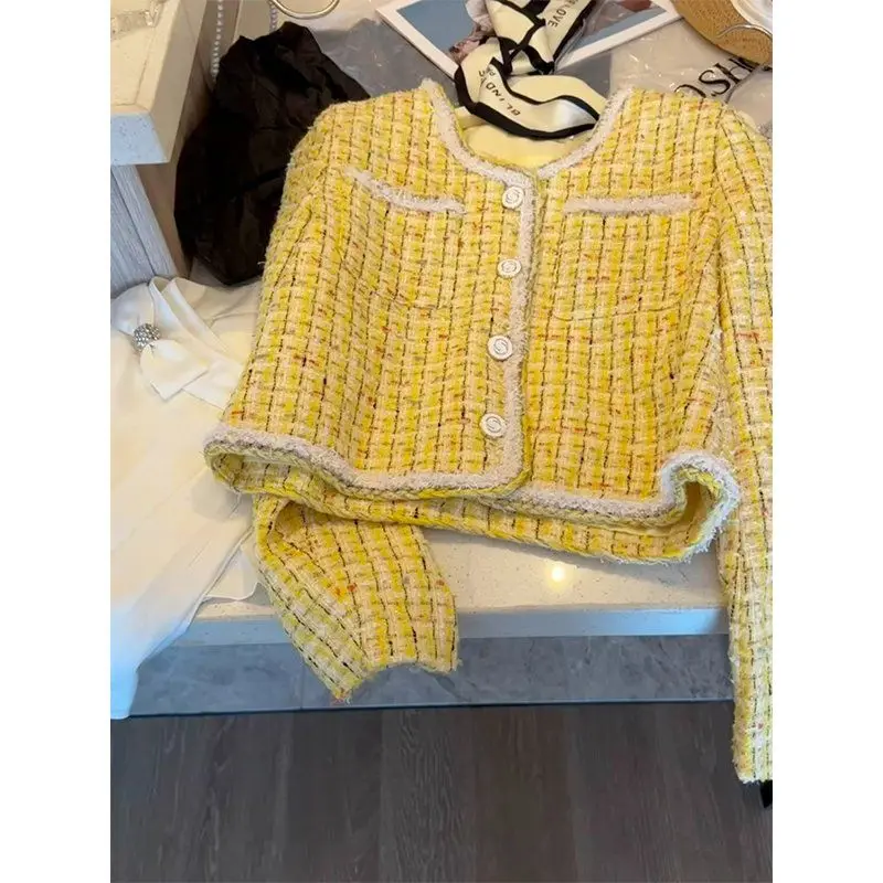 

Short Yellow Small Fragrance Jacket Women Coat Tweed Woven Overwear Plaid Casual Suit Jackets Female 2024 Autumn New C21