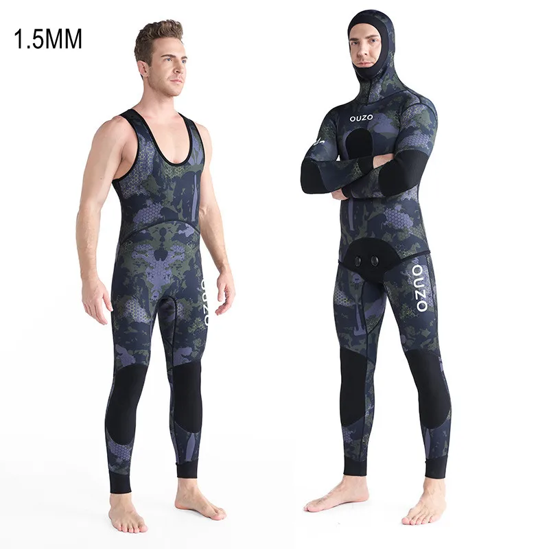 1.5MM Two Pieces Scuba Snorkeling Diving Suit Hooded UnderWater Hunting Neoprene Spearfishing Keep WarmWetSuit Surfing SwimWear