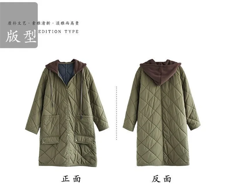 Diamond Plaid Down Cotton Jacket Loose Casual Long Cotton Jacket Autumn And Winter Hooded Stitching Padded Warm Button Outwear