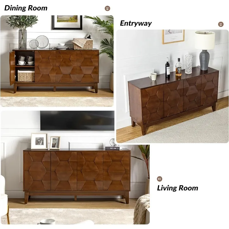 Mid Century Sideboard Buffet Cabinet with Solid Wood Legs, 60" Kitchen Storage Cabinet Credenza ,living room cabinets
