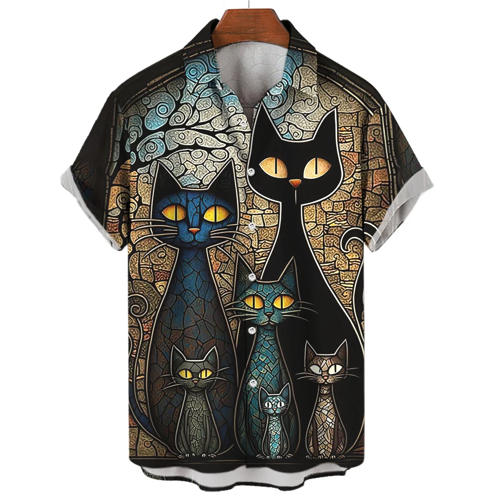 thumbnail image 1 of Camisa hawaiana para hombre 2024, estampado abstracto de gato, camisas de manga corta, camisas holgadas de gran tamaño, camisetas casuales de playa de verano unisex, 1 of 5